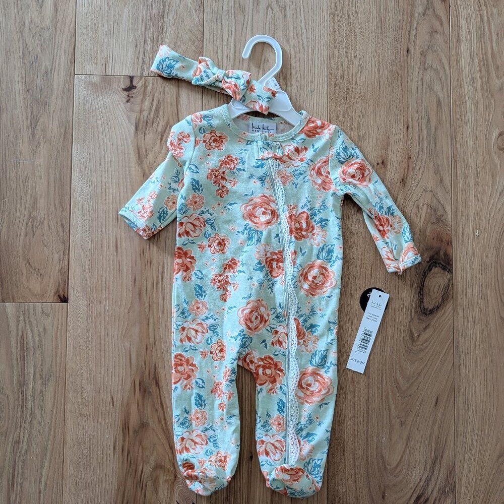 NWT Nicole Miller long sleeve footsie onesie with matching headband size 6/9M